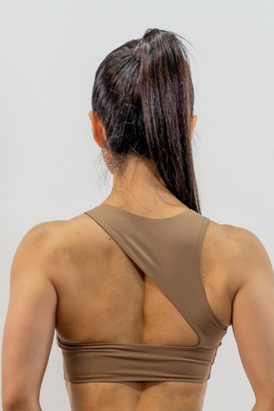 Dynamic Asymmetric Cut Sports Bra in Toffee - Inner Glö Apparel