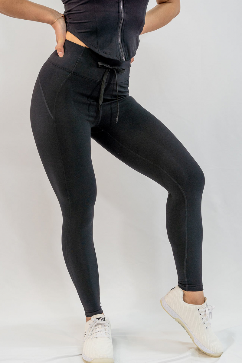 Drawstring High Impact Leggings in Black