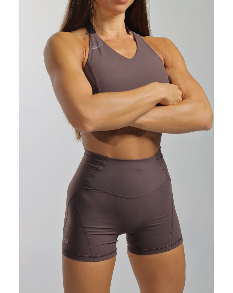 V Halter Sports Bra in Coffee