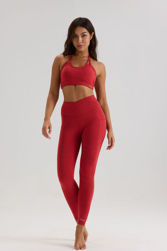 Bliss Cross Invisible Scrunch Leggings with Pockets in Ruby Red