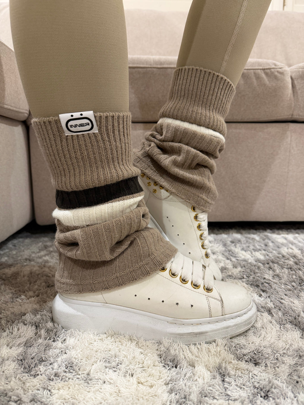 Refine Leg Warmer in Striped in Almond