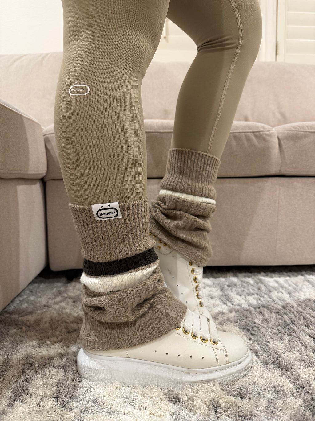 Refine Leg Warmer in Striped in Almond