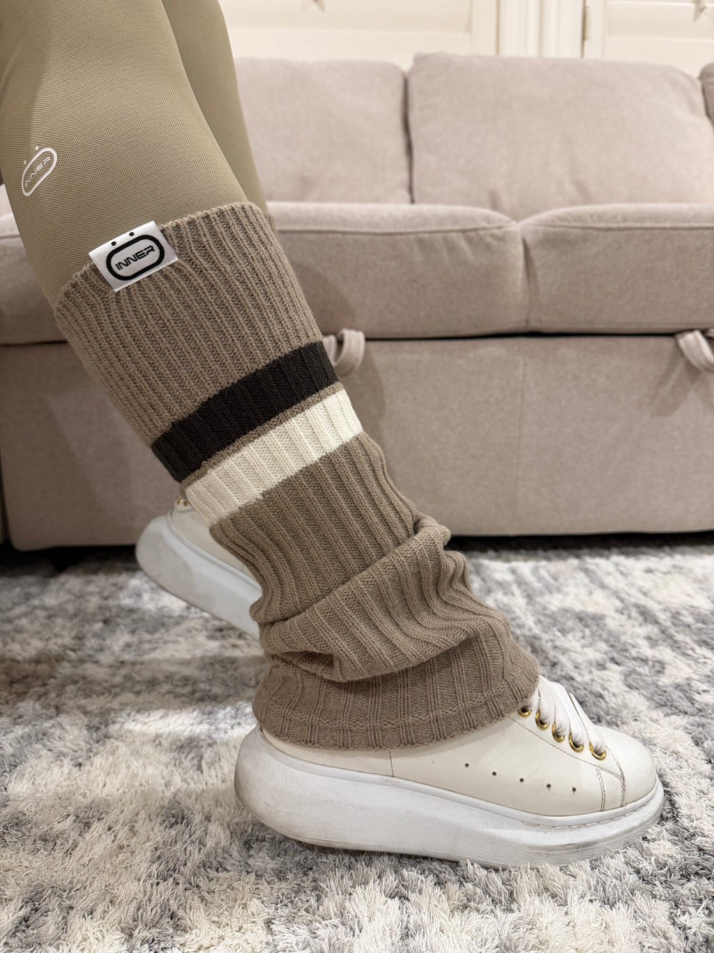 Refine Leg Warmer in Striped in Almond