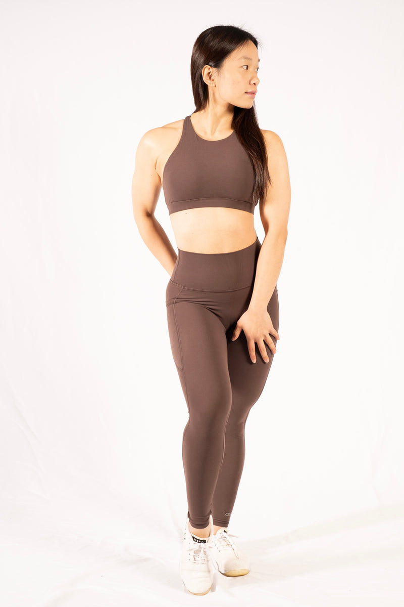 Butter High Neck Cross Sports Bra in Coffee