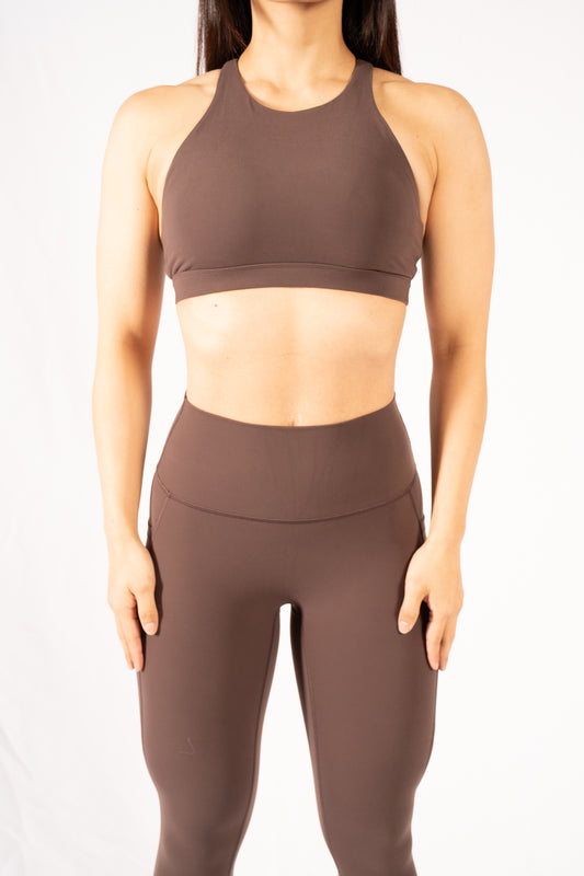 Butter High Neck Cross Sports Bra in Coffee - Inner Glö Apparel