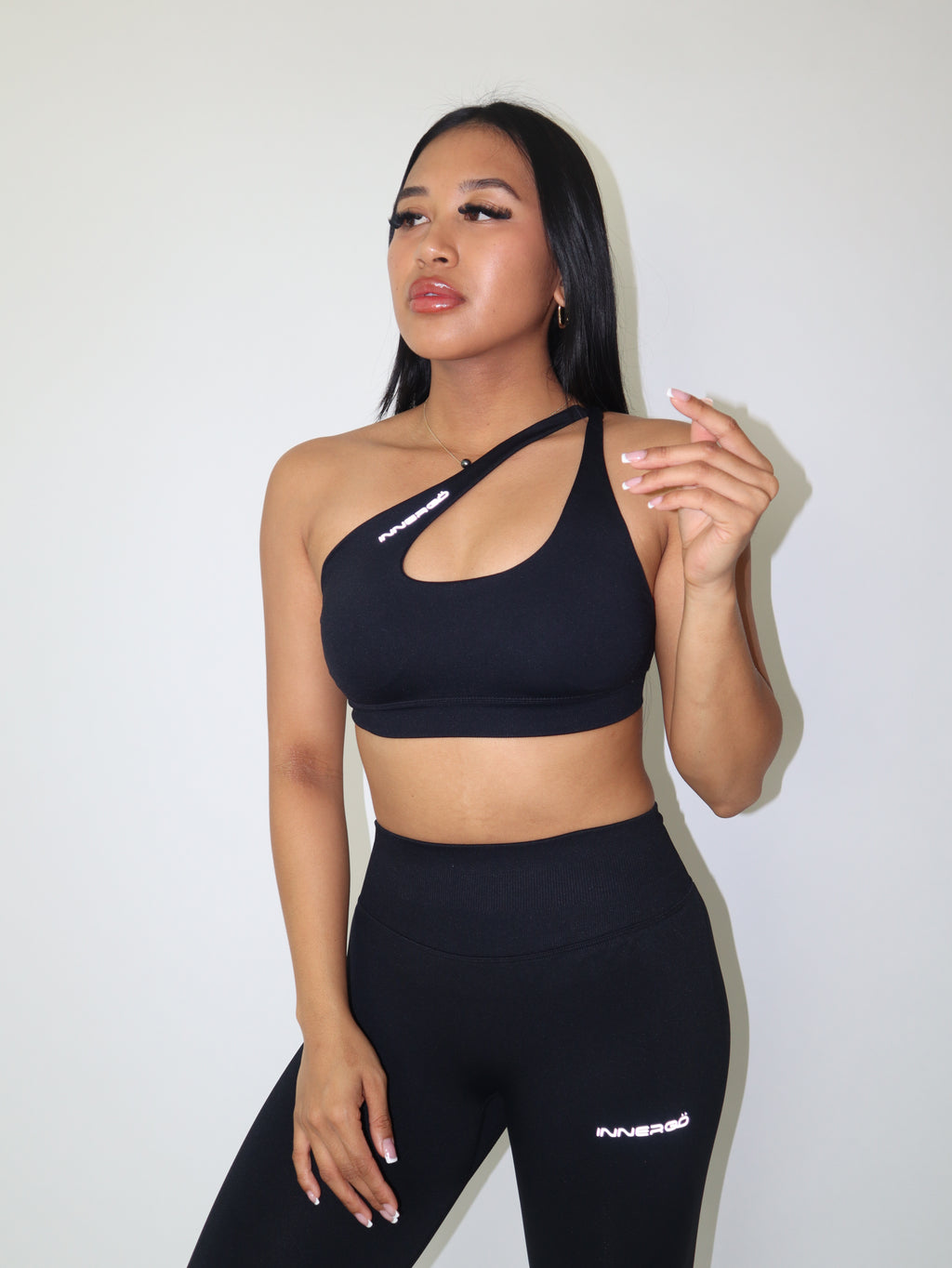 Single Shoulder Sports Bra in Black Truffle