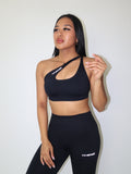 Single Shoulder Sports Bra in Black Truffle