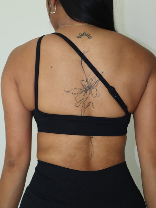 Single Shoulder Sports Bra in Black Truffle