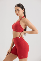 Bliss Cross Invisible Scrunch Shorts with Pockets in Ruby Red - Inner Glö Apparel
