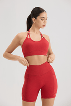 Bliss Cross Invisible Scrunch Shorts with Pockets in Ruby Red - Inner Glö Apparel